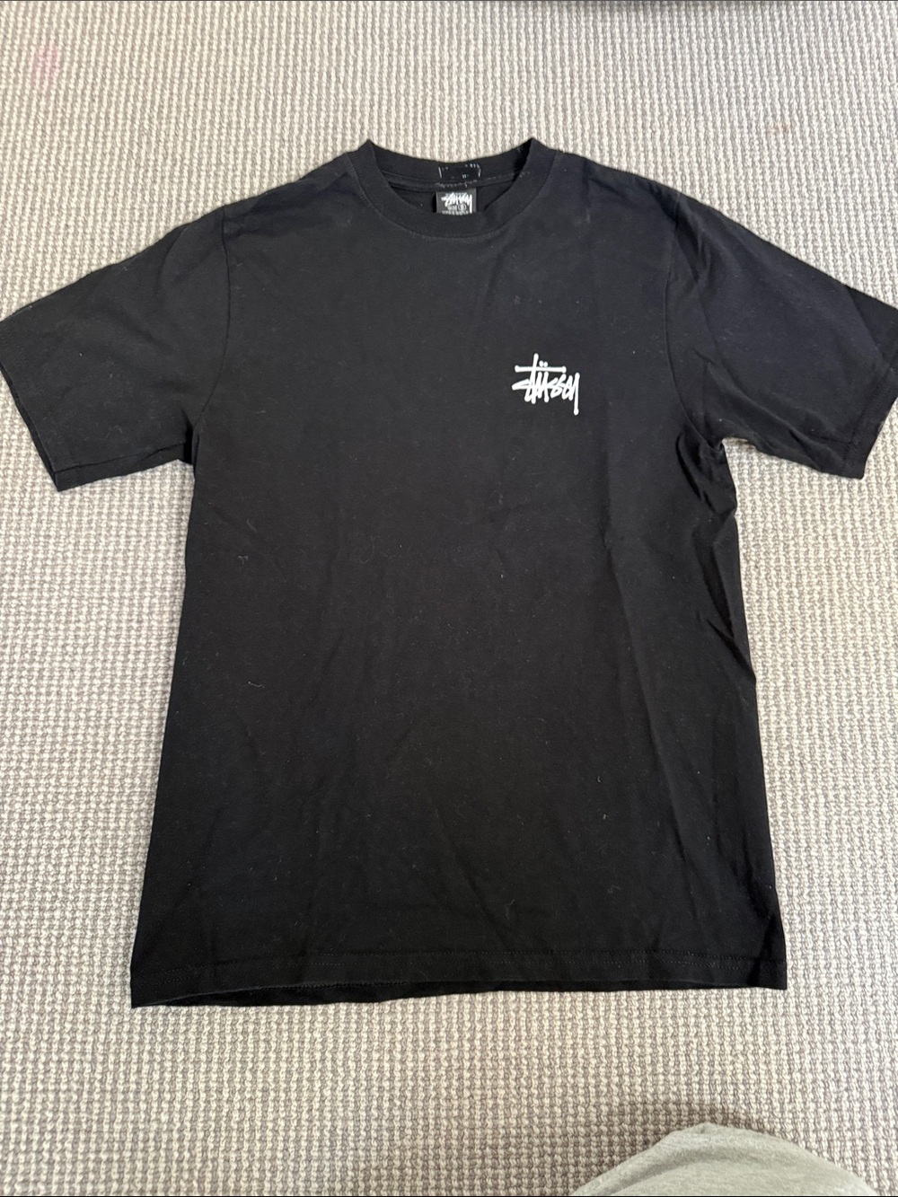 Stussy Black Tee with White Script Logo
